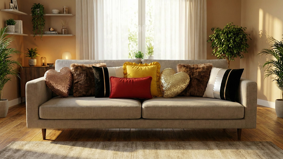 Farklı renk ve dokularda dekoratif kırlentlerle süslenmiş modern salon kanepesi