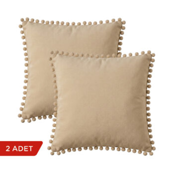 BC HOME 2'li Set Bej Ponponlu Kare Yastık Kılıfı - 45x45 cm