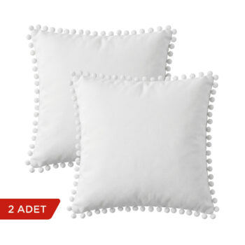 BC HOME 2'li Set Beyaz Ponponlu Kare Yastık Kılıfı - 45x45 cm