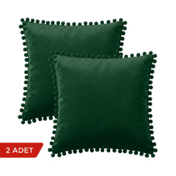 BC HOME 2'li Set Çam Yeşili Ponponlu Kare Yastık Kılıfı - 45x45 cm