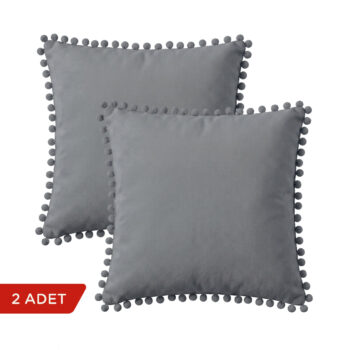 BC HOME 2'li Set Gri Minik Ponponlu Kare Kırlent Kılıfı - 40x40 cm