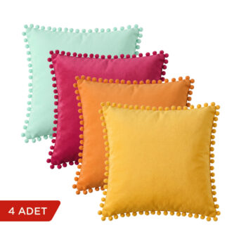BC HOME neon renkli minik ponponlu 4'lü dekoratif kare kırlent kılıfı seti.