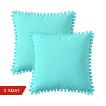 BC HOME 2'li Set Turkuaz Ponponlu Kare Yastık Kılıfı - 45x45 cm