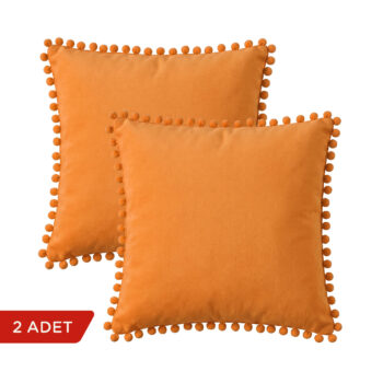 BC HOME 2'li Set Turuncu Ponponlu Kare Yastık Kılıfı - 45x45 cm