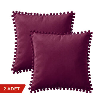 BC HOME 2'li Set Vişne Minik Ponponlu Kare Kırlent Kılıfı - 40x40 cm