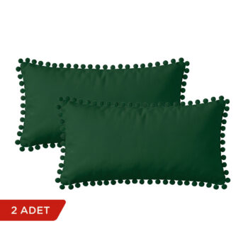 BC HOME 2'li Çam Yeşili Rengi Minik Ponponlu Dikdörtgen Kırlent Kılıfı Seti - 30x50 cm
