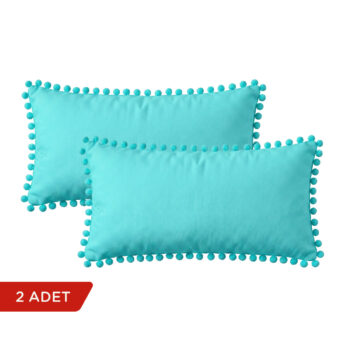 BC HOME 2'li Turkuaz Rengi Minik Ponponlu Dikdörtgen Kırlent Kılıfı Seti - 30x50 cm