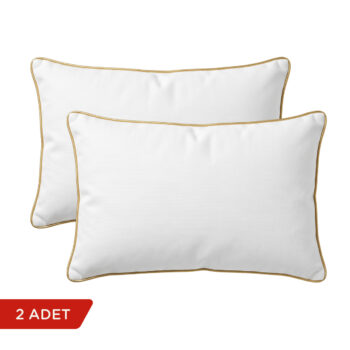 Beyaz altın biyeli dikdörtgen kırlent kılıfı 2'li set, beyaz arka planda; 30x50 cm.