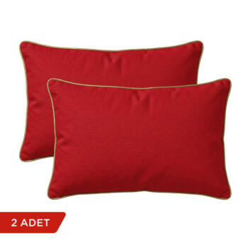 Kırmızı altın biyeli dikdörtgen kırlent kılıfı 2'li set, beyaz arka planda; 30x50 cm.