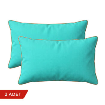 Turkuaz altın biyeli dikdörtgen kırlent kılıfı 2'li set, beyaz arka planda; 30x50 cm.