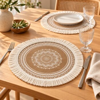 Naturel zemin üzerine krem çiçek desenli, krem püsküllü yuvarlak jüt supla, ahşap yemek masasında tabak, çatal, bıçak ve kadehle kurulmuş sofrada; 38 cm.