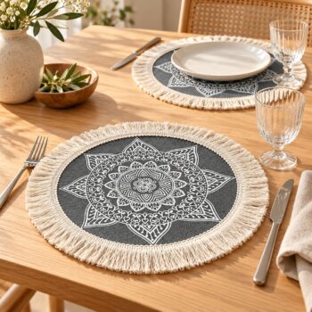 Gri zemin üzerine beyaz mandala desenli, krem püsküllü yuvarlak jüt supla, ahşap yemek masasında tabak, çatal, bıçak ve kadehle kurulmuş sofrada; 30 cm.