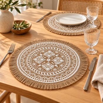 Naturel zemin üzerine krem desenli, naturel püsküllü yuvarlak jüt supla, ahşap yemek masasında tabak, çatal, bıçak ve kadehle kurulmuş sofrada; 38 cm.